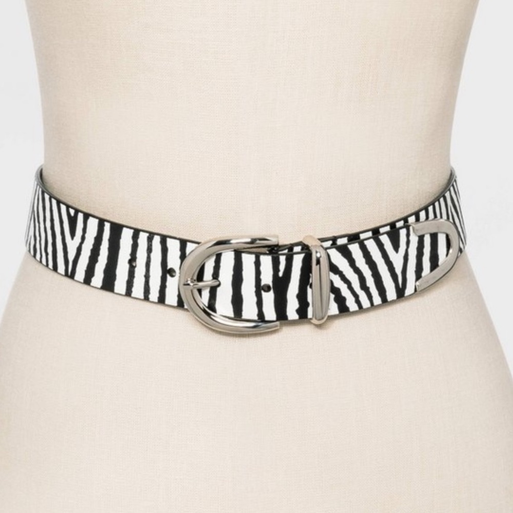 New Small Zebra Print Belt Black White Silver - Picture 2 of 6
